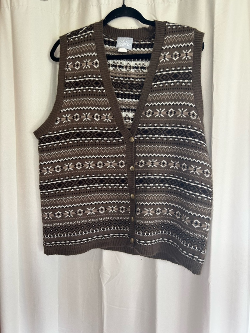 Blair Brown Fair Isle Button Front Knit Sweater Cardigan Vest Nordic Grandpa